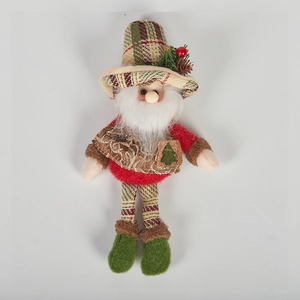 Detail of Christmas plush elf with plaid hat, pine cone accent and faux fur beard