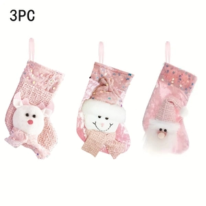 3-pack pink Christmas stockings set featuring plush Santa, reindeer and snowman designs