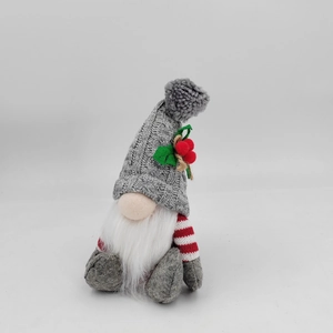 Christmas gnome plush doll with a grey knitted long hat and red berry holly decoration
