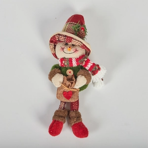 Close-up of plush Christmas snowman doll with long legs and a burlap heart bag