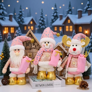 Christmas Telescopic Plush Doll Pink Gold Santa Snowman Reindeer Figurine Glowing Music Xmas Ornament Home Decoration Figurine