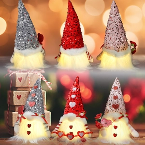 Set of six glowing Valentine Gnomes with sequin hats and warm LED lights for home decor