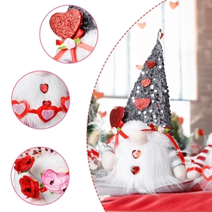 Detailed views of Valentine's gnome showing sequined hat, heart gems, and floral accents