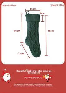 Detail of dark green cable knit Christmas stocking with size dimensions and 46cm length