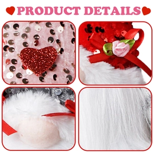 Detail view of sequined fabric and faux fur textures on Valentine's gnome dolls