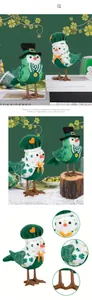 Close-up of St. Patrick's Day plush birds with shamrock patterns and glowing LED lights