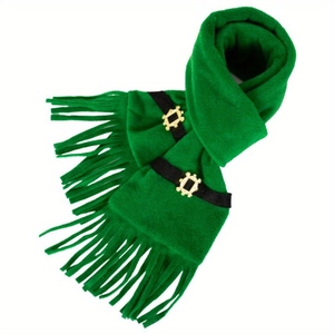 St Patricks Day Leprechaun Scarf Green Fleece Long Scarf With Gold Buckle Black Belt Pattern Tassels For Party Celebration Costume Accessory