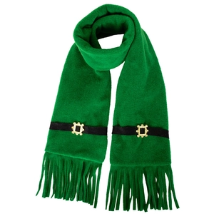 Green St. Patrick's Day scarf with festive gold buckle details and soft tassels