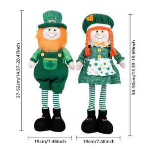 Detailed view of St. Patrick's Day plush gnomes with adjustable telescopic legs and size info