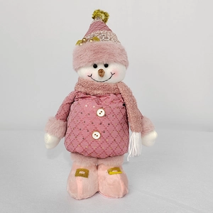 Peluche bonhomme de neige rose de Noël avec jambes télescopiques et chapeau à paillettes