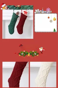 Close-up of knit Christmas stockings featuring cable patterns and hanging loops