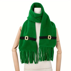 Green St. Patrick's Day warm scarf with tassels and decorative golden buckle detail