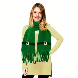Saint Patrick's Day green scarf with gold buckle design and decorative tassels