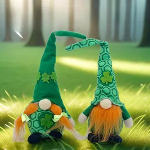 Detail of St. Patrick's Day gnomes with green clover hats and orange beards on forest grass