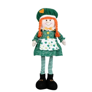 Detail of St. Patrick's Day doll with green clover apron and striped telescopic legs