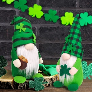 St. Patrick's Day faceless gnomes with green hats and shamrock on dark background