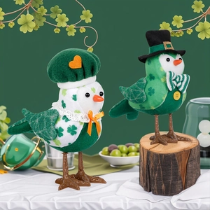 St. Patrick's Day glowing bird plush figures with clover hats for holiday table decor