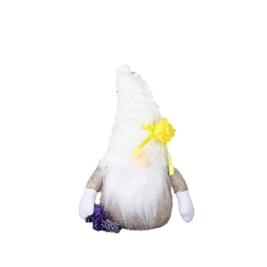 Handcrafted Nordic plush gnome with white tall hat and purple lavender flowers for home decor