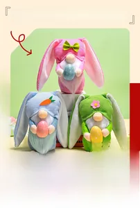Detailed close-up of three colorful Easter gnome dolls with rabbit ears and plush textures
