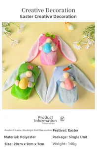 Close-up of three colorful Easter gnomes with long ears and patterned eggs