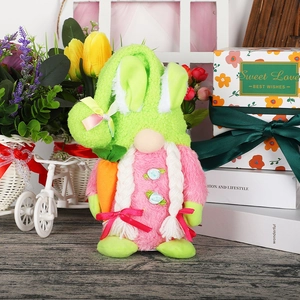 Easter gnome plush doll with rabbit ears holding carrot for festive home decoration