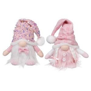 Pair of glowing pink Christmas gnomes with sequins and knit hats for holiday home decor