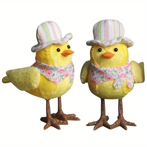 Pair of glowing yellow Easter chick figurines with striped hats and floral scarves for home decor