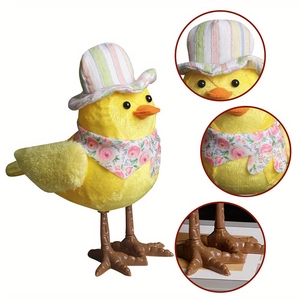 Illuminated Easter yellow chick ornament with striped hat and floral scarf on white background