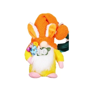 Detailed view of Easter gnome plush with bunny ears holding colorful faux flowers