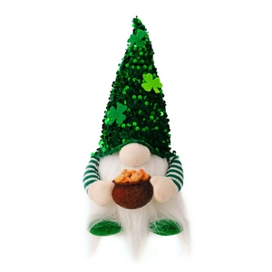 St. Patrick's Day gnome decoration with green sequin hat and clover holding gold pot