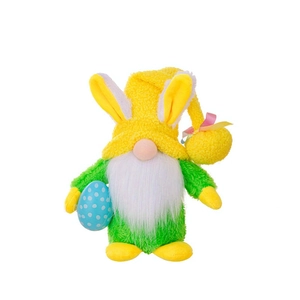 Detail of plush Easter gnome with yellow rabbit ear hat and green faux fur body