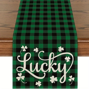 St. Patrick's Day green buffalo plaid table runner with Lucky shamrock pattern