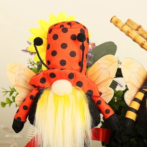 Detailed macro view of ladybug style gnome with yellow beard and bee wings decoration