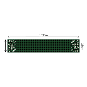 Saint Patricks Day table runner with green buffalo plaid clover and Lucky text