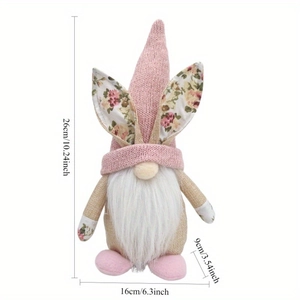 Easter gnome plush doll with pink knitted hat and rabbit ears, size 26x16x9 cm