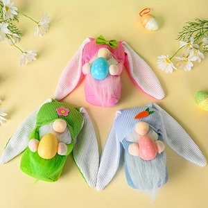 Three Easter gnomes with long rabbit ears and colorful eggs on a bright yellow background