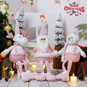 Pink sequin Christmas doll trio including reindeer, Santa and snowman for decor