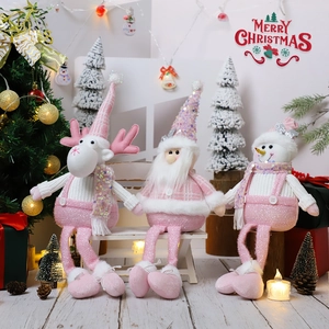 Pink sequin Christmas plush dolls featuring Santa, reindeer, and snowman for holiday decor