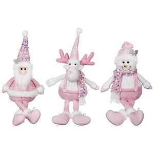 Pink glitter Christmas plush set with Santa, Reindeer and Snowman festive decorations