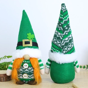 St. Patrick's Day gnomes with green hats, orange beards and clover leaf decorations
