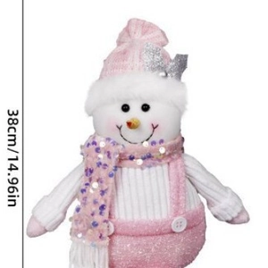 Detailed view of pink sequined plush snowman decor with dimensions 38cm height