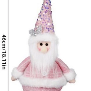 Detailed view of 46cm pink sequined Santa gnome doll with silver bow and plaid coat