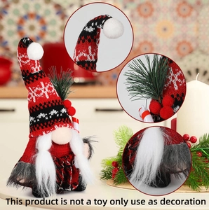 Detail of Christmas gnome with knitted hat, white beard and festive candy cane decor