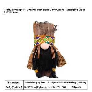 Close-up of Thanksgiving Indian gnome doll with feather hat and woven tassel beard