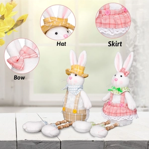Adorable Easter bunny plush figurines with telescopic legs and plaid outfits for home decoration