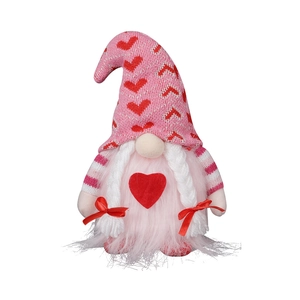 Valentine's Day gnome doll with pink heart pattern hat and long white braids on white background