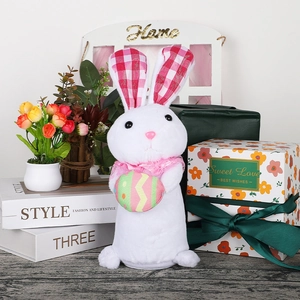 Easter glowing plush bunny doll with colorful egg and pink lace for home holiday decoration