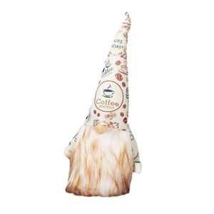 Plush Christmas coffee gnome with knitted hat featuring brew prints and brown faux fur beard