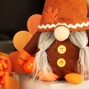 Dettaglio di gnomo del Ringraziamento con cappello arancione e mini zucca