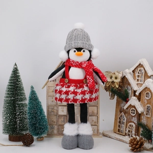 Standing penguin Christmas gnome plush decoration with telescopic legs and red plaid skirt